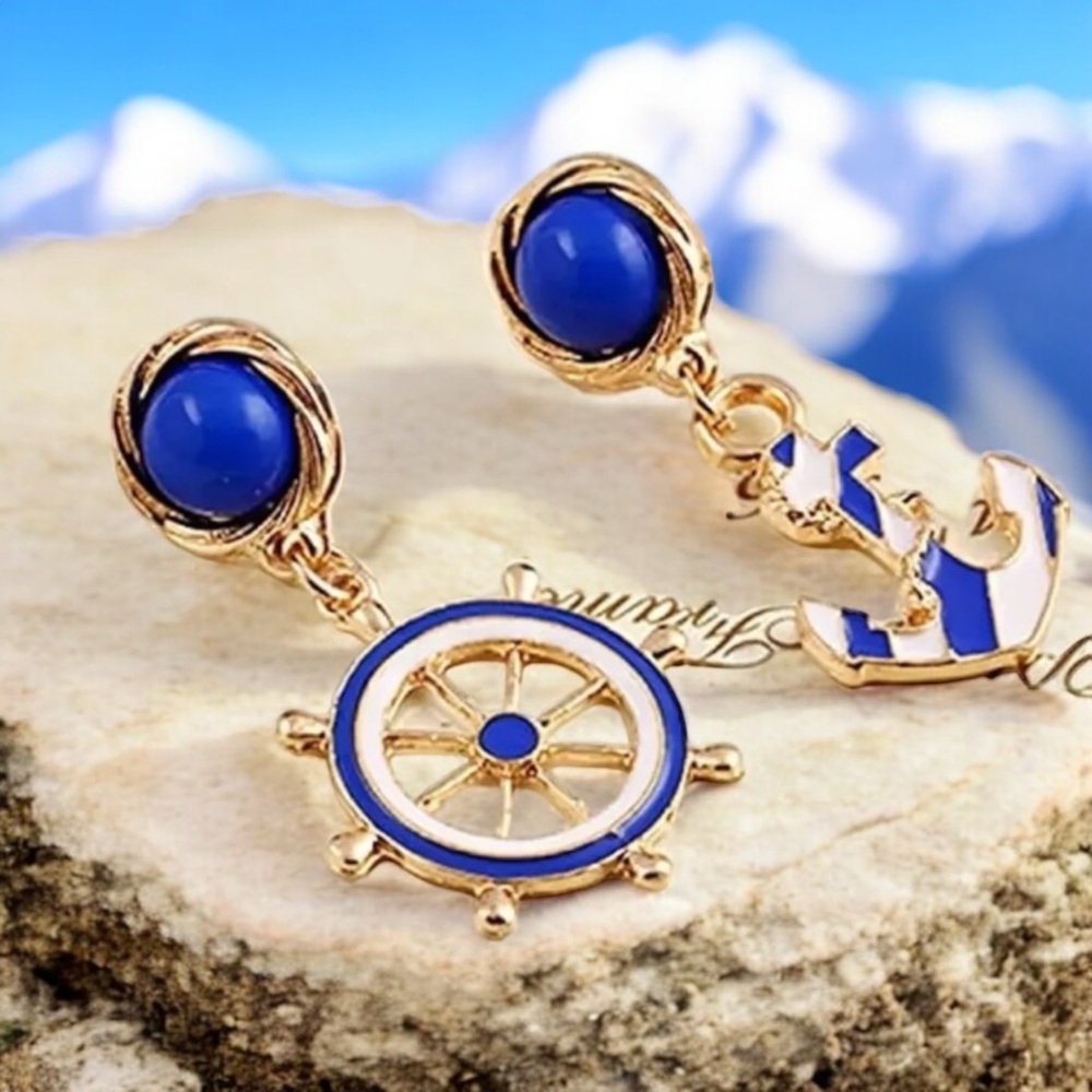 Nautical Blue and Gold Anchor and Ship Wheel Earrings